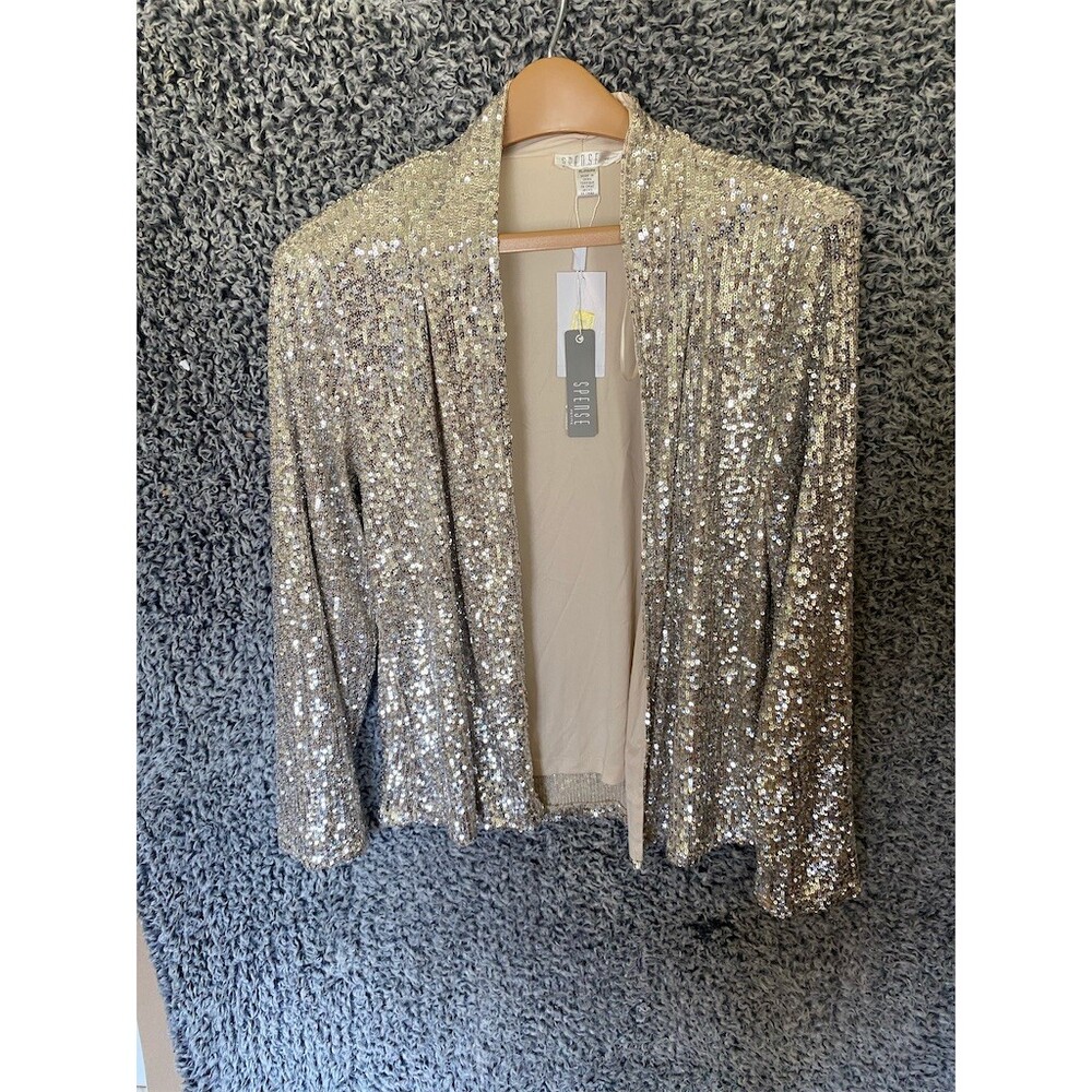 Spense Blazer Jacket Womens Petite S Silver Sequin Open Front Shawl Collar